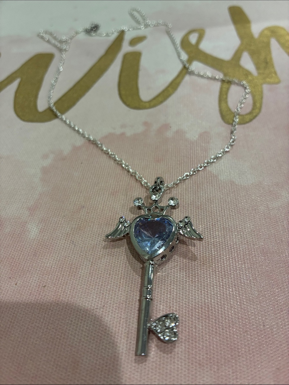 Silver Heart Key Pendant Necklace with Blue Crystal